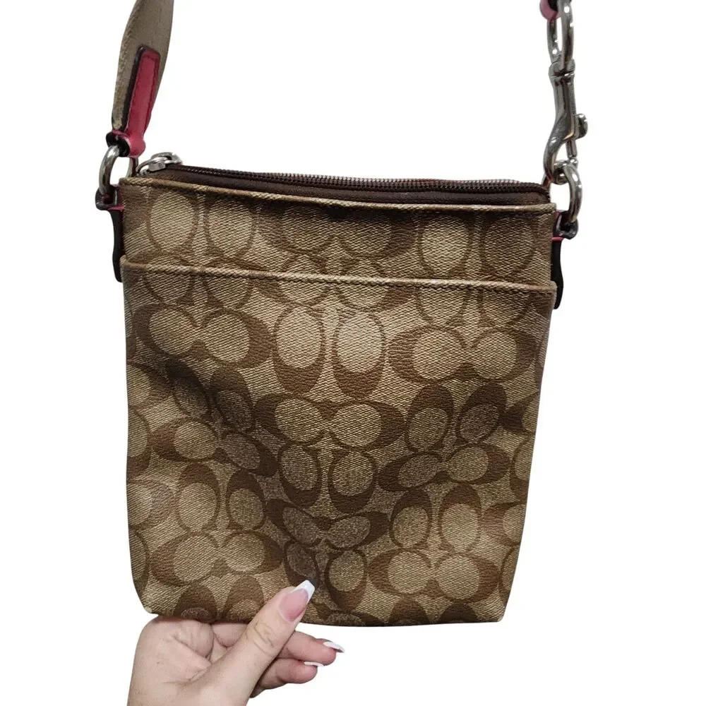 Coach Signature Stripe Crossbody Bag Brown Pink Canvas Leather Small